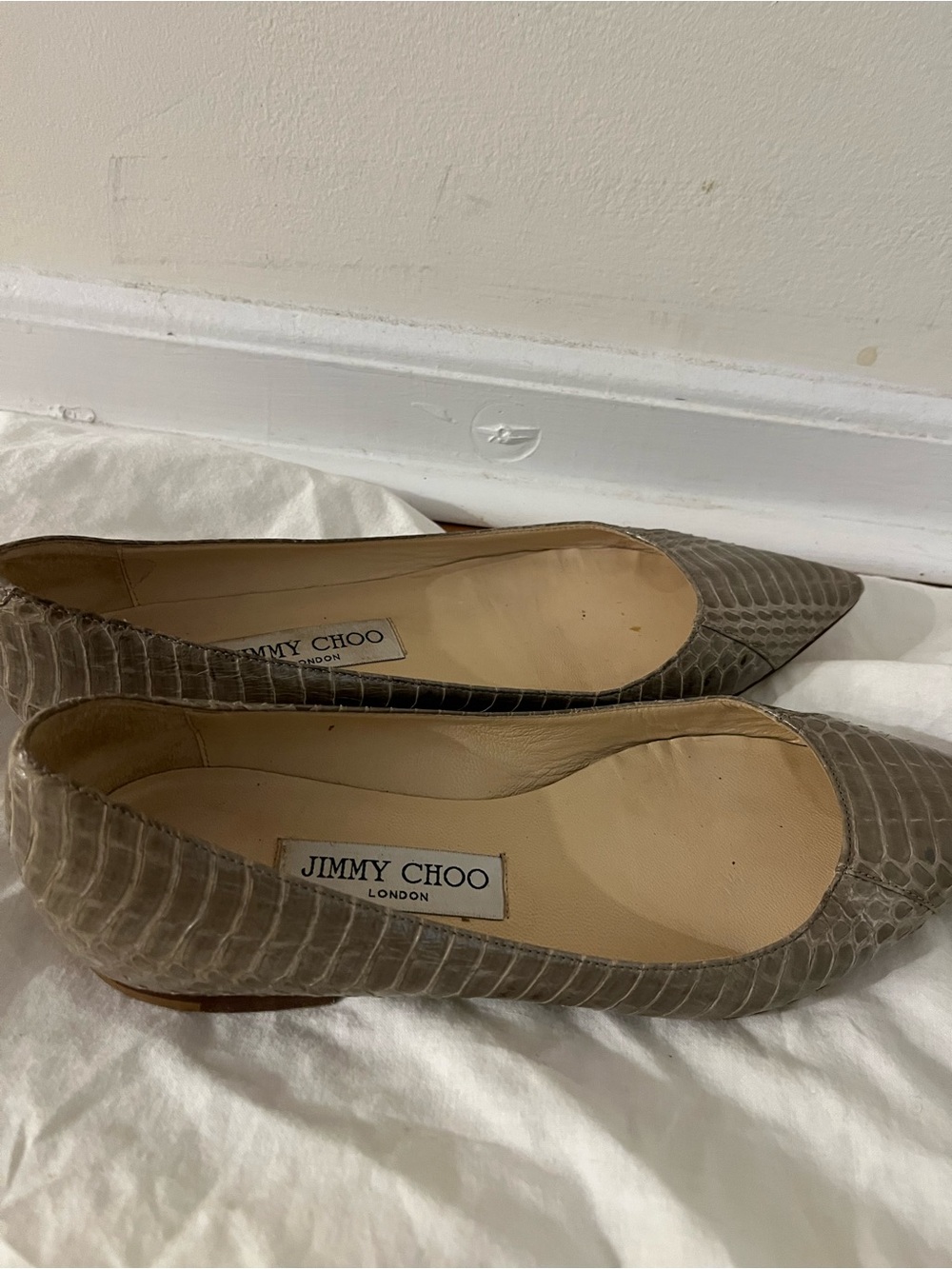 Jimmy Choo Taupe Croc-Embossed Pointed Flats